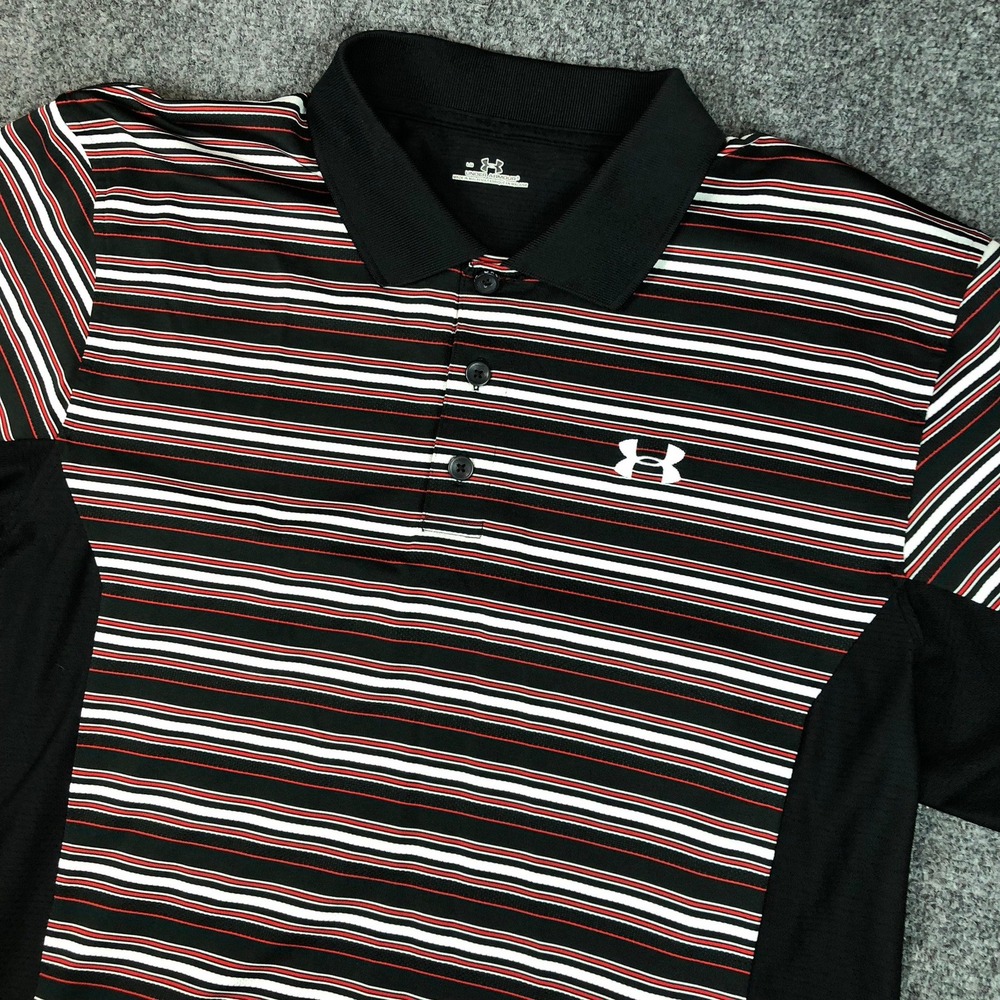 Under Armour‎ Golf Polo Shirt LG Black Red White Stripe Performance Mens